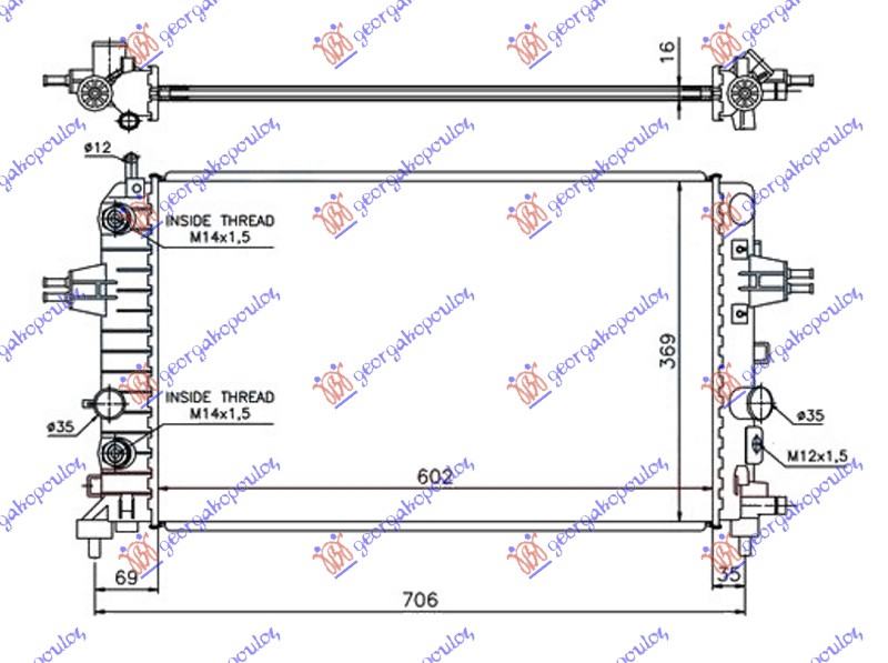 HLADNJAK MOTORA 1.6/1.8 (+/-AC) BENZIN (AUTO) (600x360x16) (LEMLJEN SPOJ)