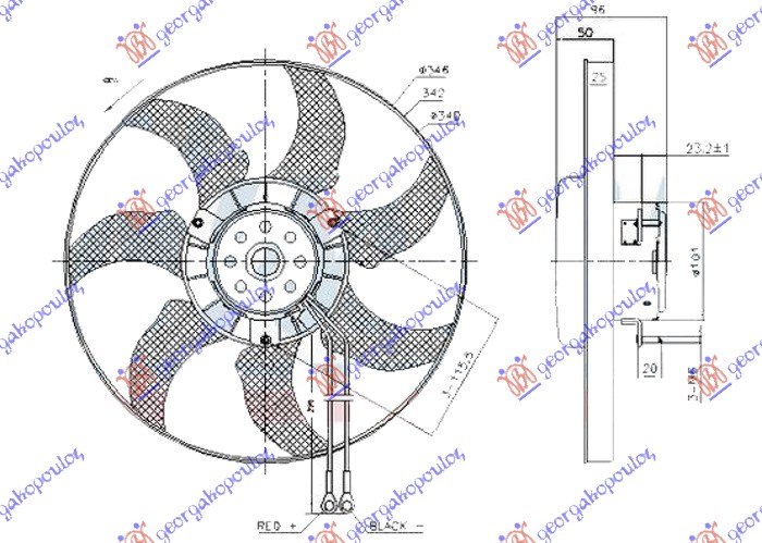 VENTILATOR (MOTOR+ELISA) (340mm) (2 KABLA)