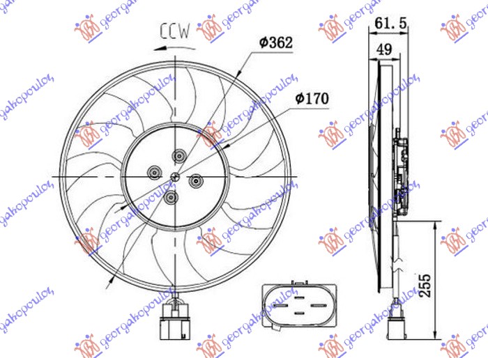 VENTILATOR (MOTOR+ELISA) (2.0-3.0 TFSI BENZIN - 2.0-3.0 TDI DIZEL) (370mm) (400W) (4 PIN) DESNO