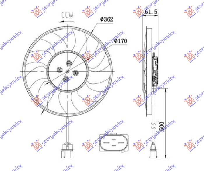 VENTILATOR (MOTOR+ELISA) (2.0-3.0 TFSI BENZIN - 2.0-3.0 TDI DIZEL) (370mm) (400W) (4 PIN) LEVO