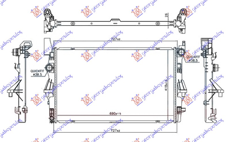 HLADNJAK MOTORA 1.6 (109/111 CDI) (+AC) (690x418x26) (NOSACI NA SREDINI)